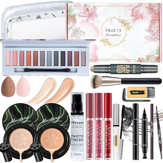 Makeup Kit Set for Women, Makeup Present for Women Teen Girl, Eyeshadow CC Cream Foundation Face Primer, Makeup Brush Sponge, Lipstick, Eyebrow Soap Pencil Mascara Eyeliner Cosmetic bag-VeraVaultWomen