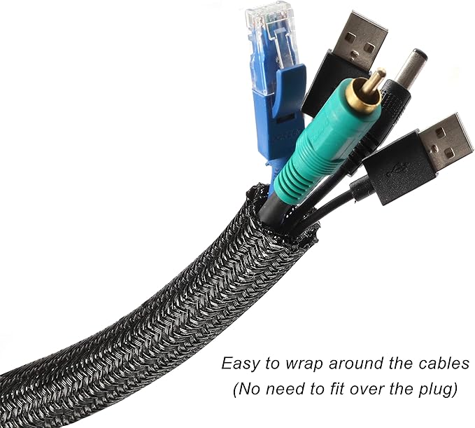 CrocSee 25ft - 3/4 inch Braided Cable Management Sleeve Cord Protector - Self-Wrapping Split Wire Loom for TV/Computer/Home Theater/Engine Bay - Black