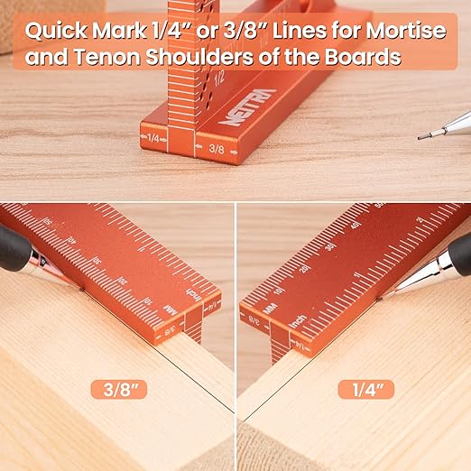 Neitra Small Square Ruler with Fixed Angle Pin, Accurate Compact Aluminum Alloy Mini Squares with Laser Etched Markings, Includes a Mechanical Pencil for Carpenter Woodworking Furniture Projects