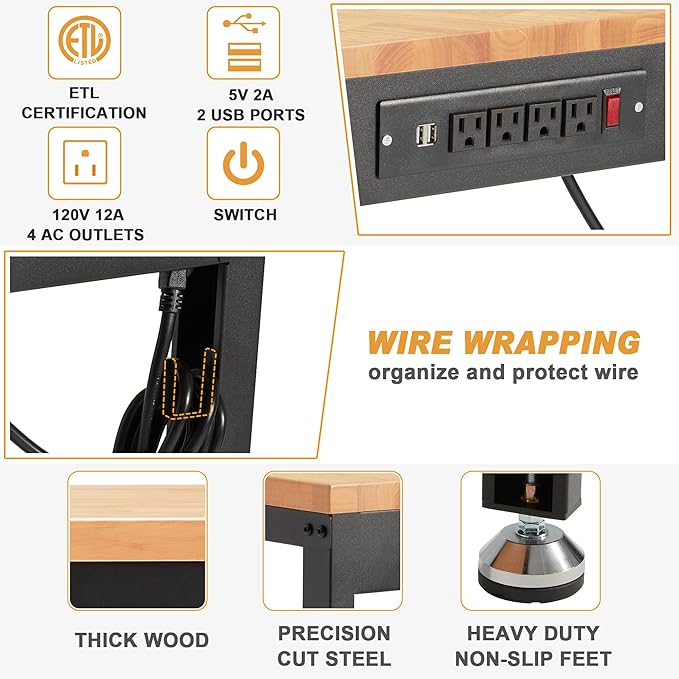 HABUTWAY Height Adjustable Workbench 60" 2000 Lbs Capacity Solid Wood Work Station Heavy-Duty Work Tables with Power Outlets for Garage Party Shop Office