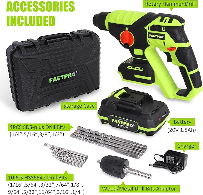 FASTPRO Cordless SDS Plus Rotary Hammer Drill Kit, 20V Brushless Multifunctional Hammer Drill Driver with 1.5Ah Battery, Including 10PCS Drill Bits & 4PCS SDS-Plus Drill Bits