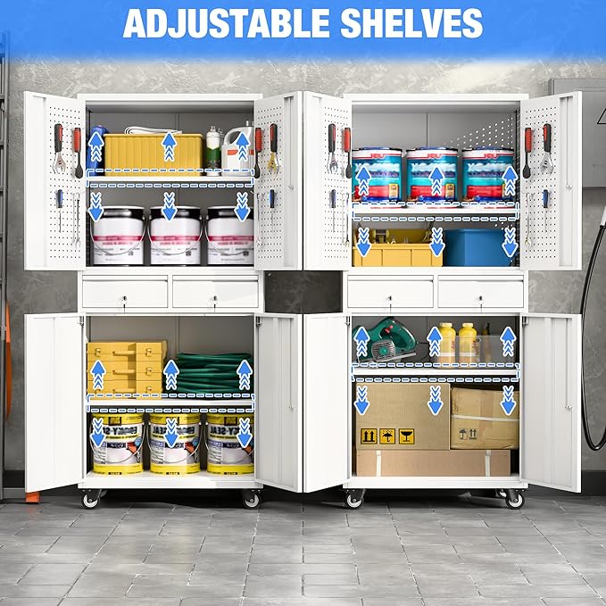 Garage Storage Cabinet with Wheels, Metal Storage Cabinet with 2 Drawers and 2 Adjustable Shelves, Metal Lockers with Pegboards for Homes, Offices, Kitchens, Schools and Pantries, White