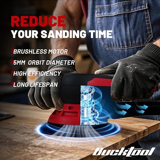 Bucktool 3.0 Amp 6 Inch Orbital Sander Brushless Motor, 4000-10000 Variable Speed, 5mm Orbit Diameter, with Precision Dust Control & 4 Sanding Pads