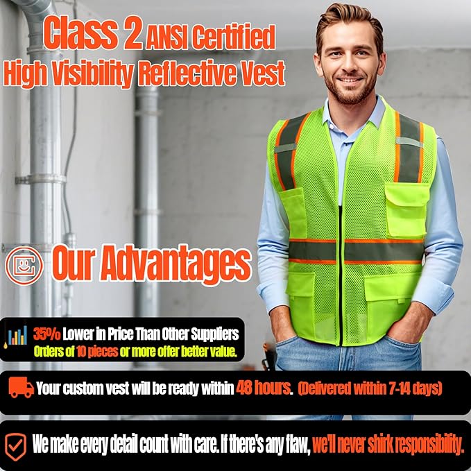 BeautyWill Custom Safety Vest Customized Logo Class 2 High Visibility Reflective Vest with Pockets Construction workwear