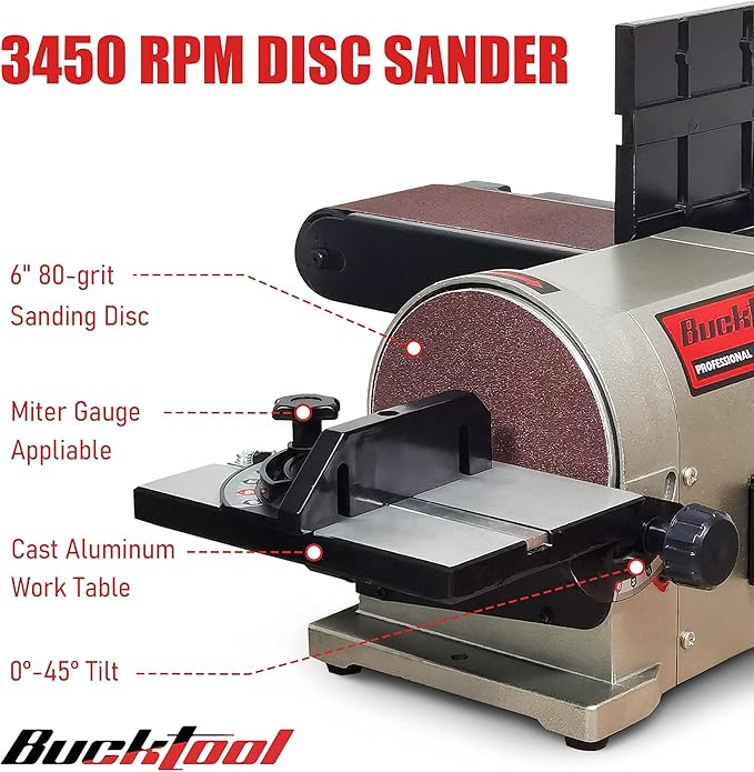 BUCKTOOL 5.0A Belt Disc Sander 4 in x 36 in Belt and 6 in Disc Sander with 3/4HP Direct-drive Motor and Portable Al Base, BD4603 Upgraded Model