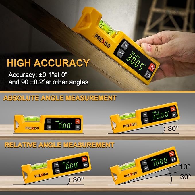 PREXISO Digital Level & Digital Protractor, 7 inch Angle Finder 0-90° & 0-180° Range, Electronic Bubble Inclinometer with Magnetic V-Groove & Audio Indicator for Woodwork, Saw & Home Drainage Leveling