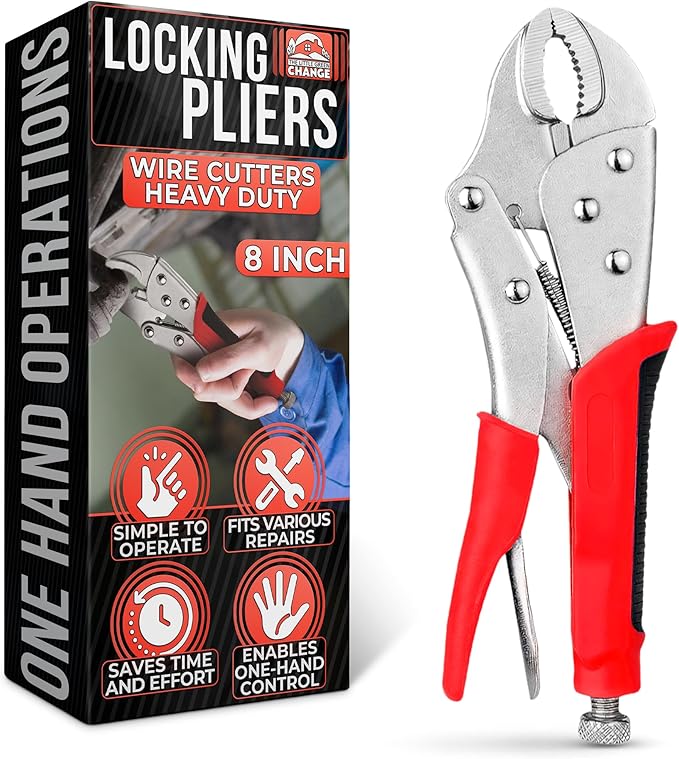 Locking Pliers Wire Cutters Heavy Duty - 8 Inch Clamp Plier Welding Plumping Tool - Stainless Steel Vice Grips Pliers with Curved Jaw & Anti-Slip Handle for Plumbing, Welding, Automotive, Woodworking