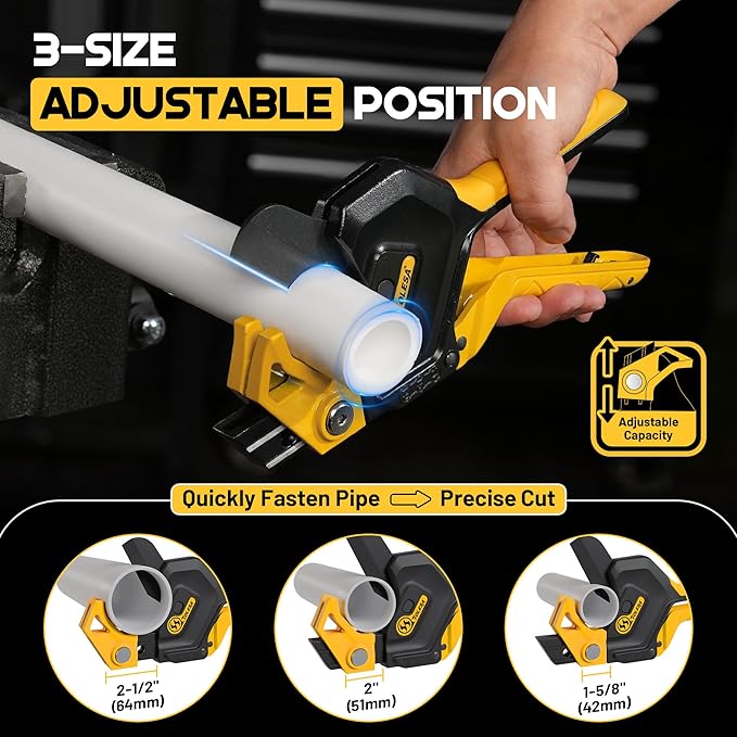 TOLESA PVC Pipe Cutter Up to 2-1/2”, 3-Gear Adjustable Ratchet Pipe Cutter Tool Heavy-Duty for PVC, PPR, PE, PEX, ABS, Plastic Hoses