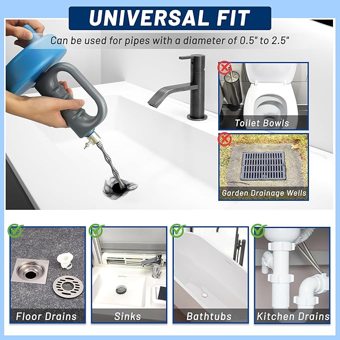 Snake Drain Hair Removal Tool - 23FT Reusable 72A Carbon Steel Drain Snake Hair Drain Clog Remover with Drill Adapter for Kitchen, Bathroom, Shower Sink - Removes Hair, Pet Fur, Leaves, Toilet Paper