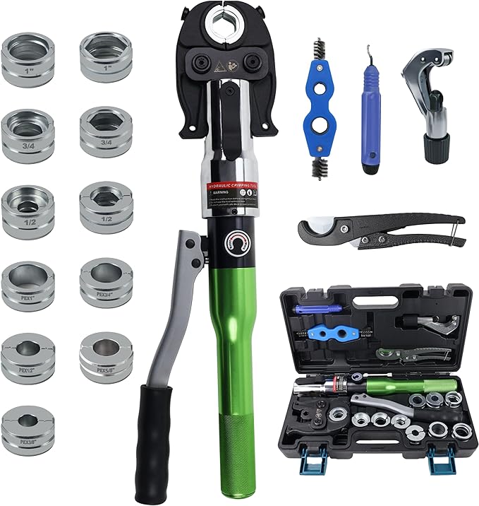 AMZCNC Pipe Press Tool with1/2,3/4,1" Dies for Copper Pipe and F877 Stainless PEX Press Sleeves,3/8",1/2",5/8",3/4",1" Dies for ASTM F1807 Pex Pipe Copper Ring Pipe Fittings Crimping Tool