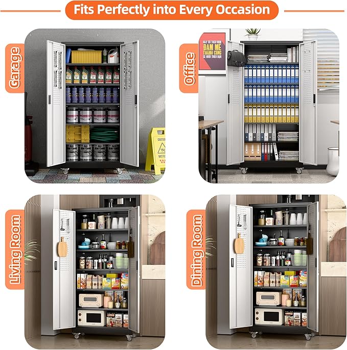 Aobabo Garage Metal Storage Cabinet with Wheels, 71" H×34" W×18" D Locking Steel Storage Cabinet with 5 Shelves and 4 Hooks, for Home Office, School, Assembly Required, Black Silver