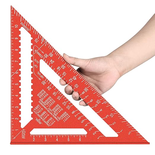 Beslands Aluminum 12-inch Rafter Square Carpenter Measuring Layout Tool Alloy Metal Triangle Ruler Imperial Protractor for Woodworking and Carpentry Red