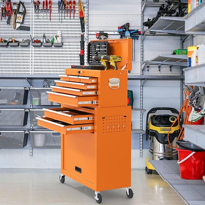 8 Drawer High Capacity Rolling Tool Chest, Metal Tool Box with Wheels and Drawers, Detachable Toolbox with Lock, Heavy Duty Tool Cabinet for Workshop, Warehouse and Garage (Orange)