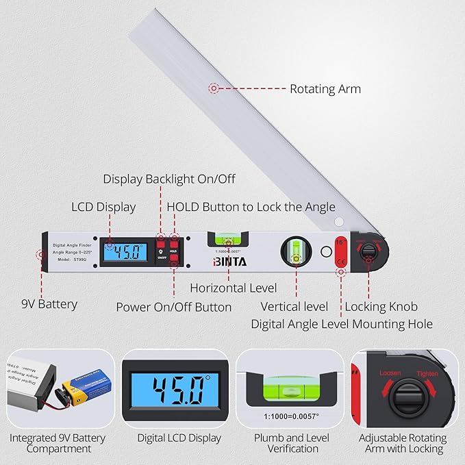 BINTA Digital Angle Finder 0-225° Range, Backlit LCD Aluminum Angle Finder Tool with Horizontal/Vertical Dual Bubble Meter Storage Bag for Woodworking, Machinery, Construction, DIY(Silver)
