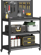 Workbench with Pegboard, Adjustable Heavy Duty Work Table with Wheels, Heavy Duty Workstation, Metal Tool Work Bench for Garage Warehouse Workshop, 48" H x 18" D x 34" W, Black