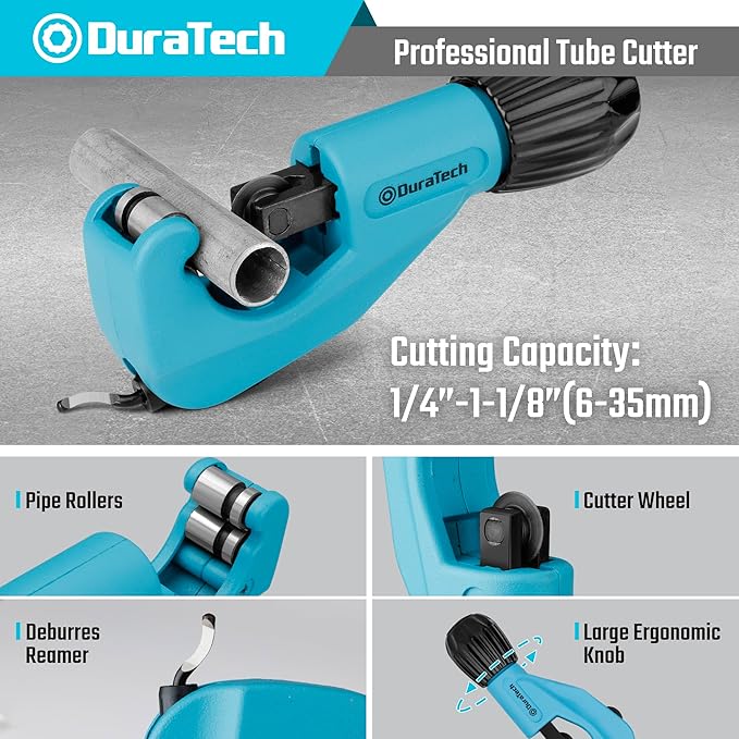 DURATECH 3-Piece Pipe Cutter Set, Tubing Cutter with Derubbing Tool, Mini Tube Cutter and Tube Reamer, Cutting Capacity 1/8" to 1-1/8", Perfect for Copper, Aluminum, Brass, and PVC Tube