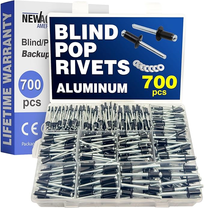 New Age America® 700pcs Blind Pop Rivets & Backup Washers | 3/32" to 1/4" | Black | 14 Sizes | SAE Size Aluminum Rivets & 304 Stainless Steel Backup Washers | Rivet Kit w Steel Mandrel | Labelled Case
