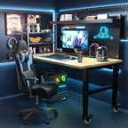 48" Heavy Duty Adjustable Workbench with Large Pegboard, Adjustable Work Table with Power Outlets & Lockable Wheels, Rubber Wood Workstation for Garage, Workshop, Office, Home, Commercial