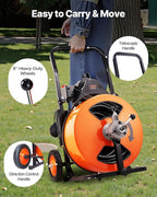 VEVOR 100FT x 3/4 Inch Drain Cleaning Machine Sewer Auger Auto Feed with 4 Cutter & Air-activated Foot Switch for 4" to 8" Pipes, Orange, Black