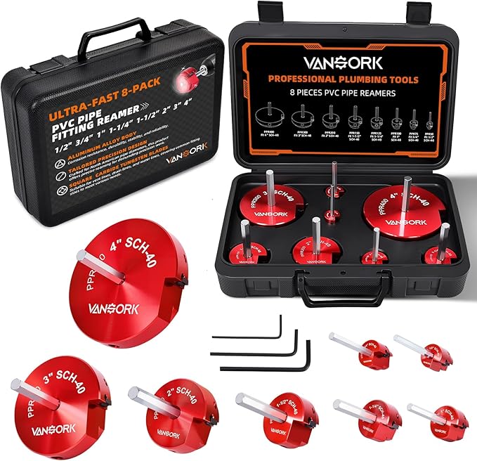 8 Pieces PVC Pipe Reamer Kit with 1/2 inch, 3/4 inch, 1 inch, 1-1/4inch, 1-1/2inch, 2inch, 3inch, 4inch, Aluminum PVC Fitting Saver, Plumbing Tools for SCH40, Fit into Standard 1/2" Drills