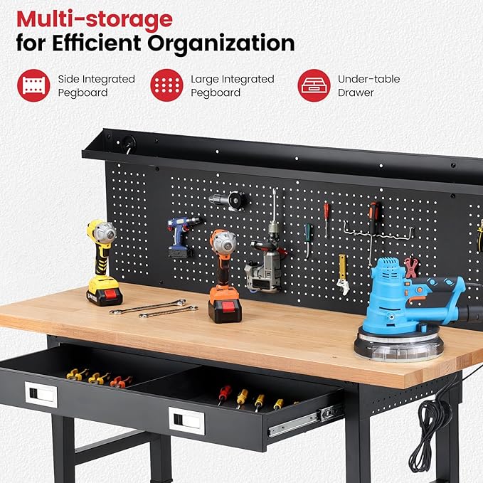 Workbench with Wheels 60 x 22 Inch Heavy Duty Rubber Wood Tabletop Work Bench with Pegboard, Drawers, Power Outlets Adjustable Height Work Table for Woodworking Shop, Home, Office