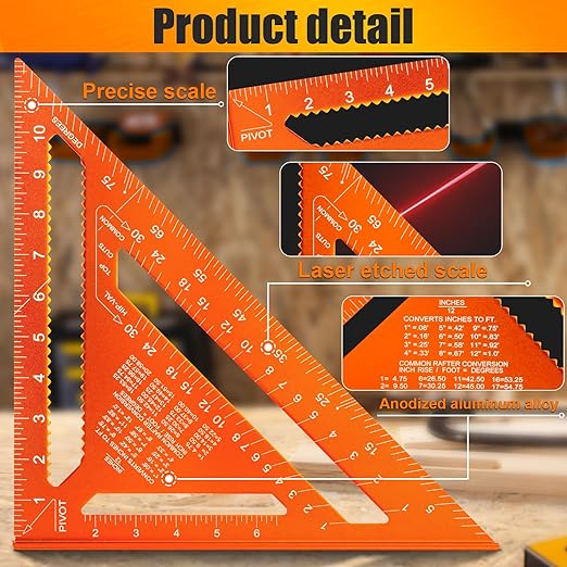 Carpenter Square 12 Inch, Rafter Square for Angle Drawing Measuring Ruler, Framing Square Tool Aluminum for Woodworking, Carpentry