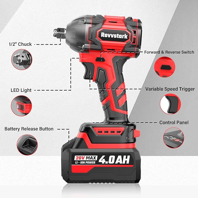 Impact Wrench, Max Torque 400 N.m Cordless 1/2 Impact Driver, 20V 3000RPM Brushless Motor, 4.0Ah Li-ion Battery and Fast Charger, 4 Pcs Sockets Included