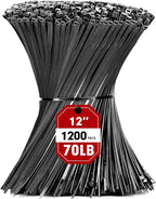 Zip Ties, RAZCC 1200pcs Black Cable Zip Ties 12 Inch, Heavy Duty Plastic Wire Ties with 70lb Tensile Strength, Self-Locking Black Nylon Tie Wraps for Indoor and Outdoor
