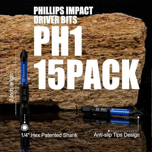 15 Pack Phillips Impact Driver Bits, #1 Phillips Head Magnetic Screwdriver Bits Set, 2 Inch S2 Alloy Steel Impact Bits, 1/4" Hex Shank Screwdriver Drill Bit, CNC Machined ph1 Impact Drill Bits