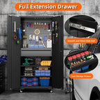 Aobabo Metal Storage Cabinet with Wheels and Adjustable Pegboard, Steel Rolling Tool Cabinet with 16 Hooks and 1 Interior Drawers for Garage, Home, Office, Kitchen, Black, Assembly Required