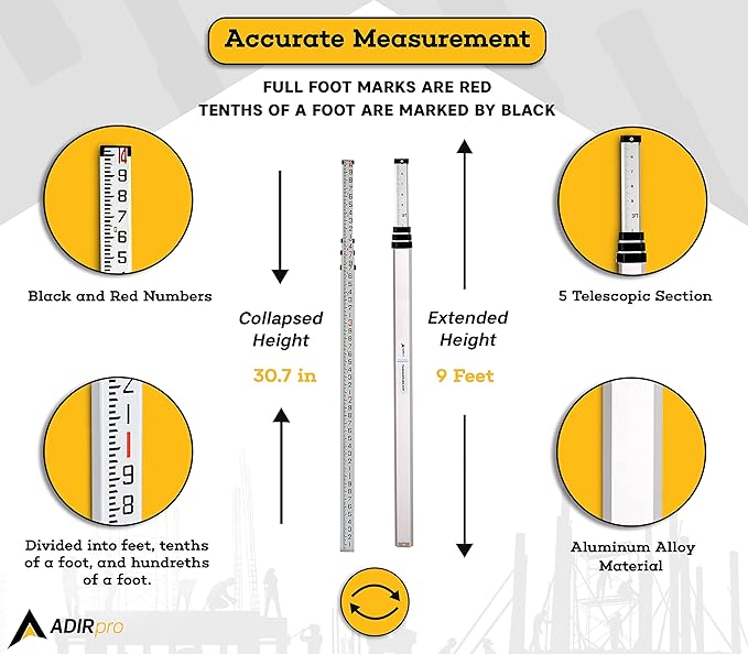 AdirPro 14-Foot Aluminum Grade Rod – 10ths, Dual Sided 4-Section Telescopic Leveling Rod – Bubble Level and Soft Carrying Case Included