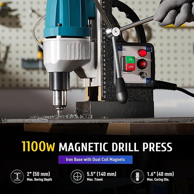 ZELCAN 1100W Mag Drill Press, Portable Magnetic Drill Press with 1.6" Boring Diameter, Heavy Duty Magnetic Drill with 11 Drill Bits, 2700 lbf 550 rpm Electric Drilling Machine with All-Copper Motor