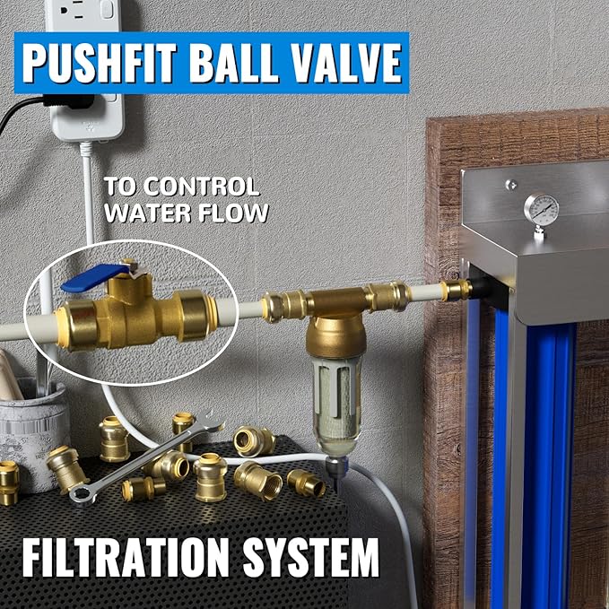 Shut Off Ball Valve 1 Inch, SUNGATOR 1 Inch Ball Valve, Push-to-Connect Water Shut off Fittings with Blule Handle, No Lead Brass Push Plumbing Fittings for PEX Pipe, Copper, CPVC, Pack of 1