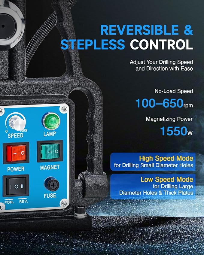 ZELCAN Magnetic Drill Press with 6 Drill Bits, 1550W Mag Drill Press with 2" Dia. 3125 lbf/13900N Mag Force, 650 rpm Power Magnetic Drill with Stepless Speed & Reversible Direction for Metal Surface