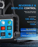 ZELCAN Magnetic Drill Press with 6 Drill Bits, 1550W Mag Drill Press with 2" Dia. 3125 lbf/13900N Mag Force, 650 rpm Power Magnetic Drill with Stepless Speed & Reversible Direction for Metal Surface