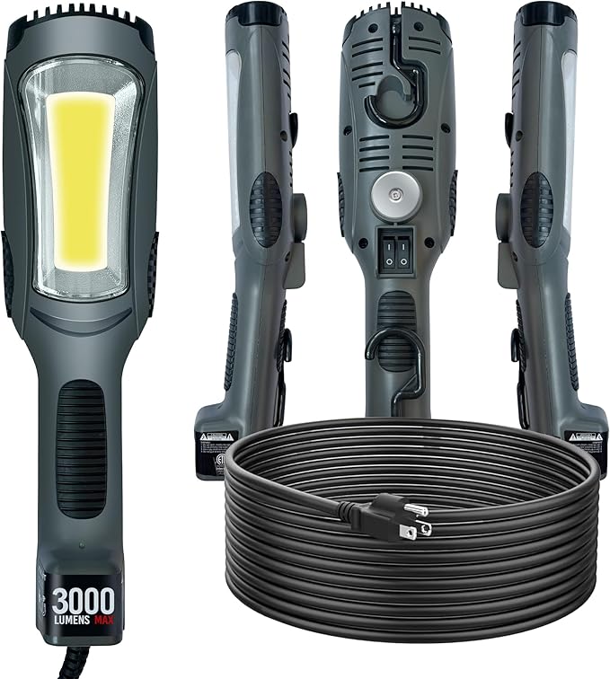 Portable Corded LED Work Light with Outlet in Handle, COB LED, 3000 Lumen 25ft 16AWG 3C SJTOW Cord Handheld Work Light, Strong Magnet, Swivel Hook for Mechanic, Garage, Workshop, Car Repair