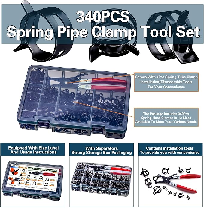 340pcs Spring Pipe Clamps, With Spring Pipe Clamp Tools, 12 Sizes 6-22mm Spring Hose Clamps, Used To Fix Hose Interfaces In Automotive, Marine, Gardening, Industrial Applications
