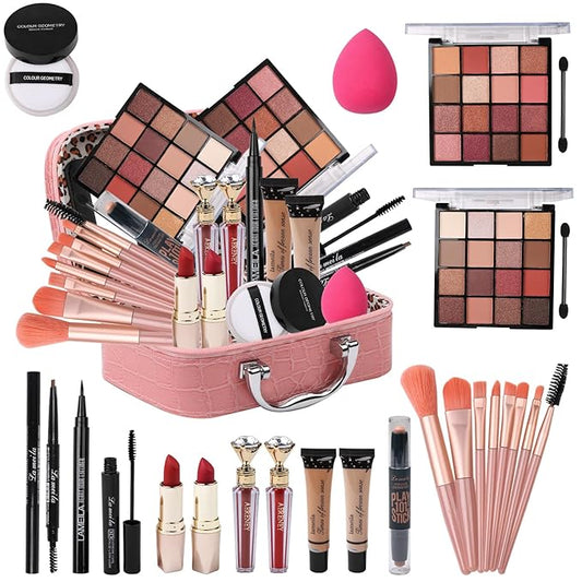 Makeup Kit for Teen Girls,All in One Makeup Kit for 2X16 Colors Eyeshadow Liquid Foundation Eyeliner Pencils Contouring Stick Lip Gloss Eyebrow Pencils 8Pcs Makeup Brushes etc (pink)-VeraVaultWomen