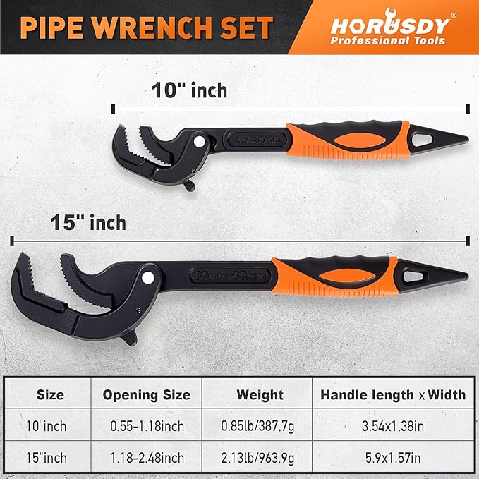HORUSDY Heavy Duty Pipe Wrench Set, 10” and 15” Self-Adjusting Pipe Wrenches for Plumbing and HVAC, 2-Piece Pipe Vise Tool Kit for Standard and Irregular Nuts, Pipes, Fixtures – Pipe Wrench Set