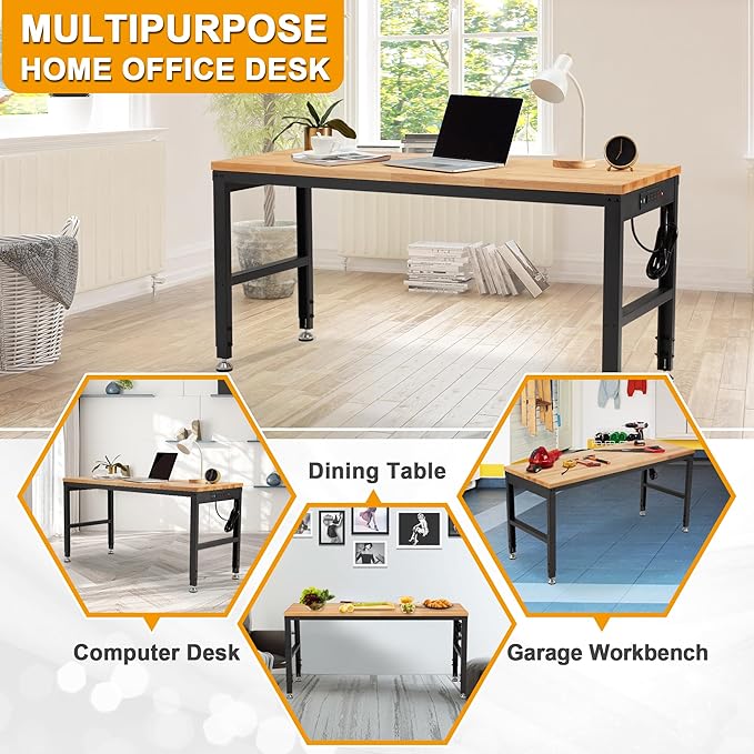 HABUTWAY Height Adjustable Workbench 60" 2000 Lbs Capacity Solid Wood Work Station Heavy-Duty Work Tables with Power Outlets for Garage Party Shop Office