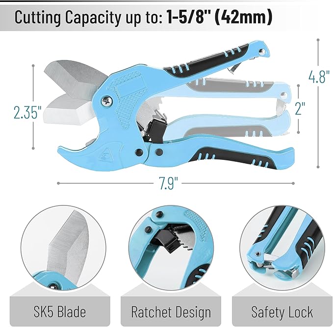Bates- PVC Pipe Cutter, Cuts up to 1-1/4", Sky Blue Ratcheting PVC Pipe Cutter Tool, Pipe Cutters PVC Pipe Shears, Plastic Pipe Cutter, PEX Pipe Cutter, PVC Cutter Tool, PVC Ratchet Cutter