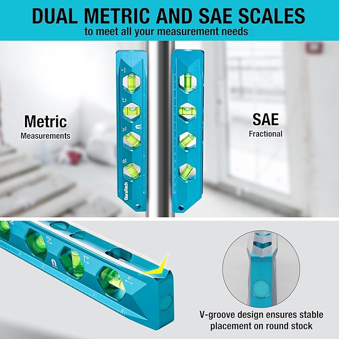 DURATECH 8-Inch Level, Magnetic Torpedo Level with 0°/30°/45°/90° Bubbles, V-Groove, Large Viewing Window, Aluminum Alloy Body, Hanging Hole, SAE and Metric Scale for DIY Projects and Household Use