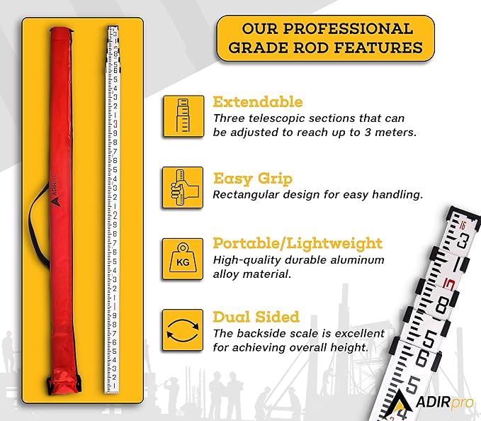 AdirPro 16-Foot Aluminum Grade Rod - 10ths, Dual Sided 5-Section Telescopic Leveling Rod – Bubble Level and Soft Carrying Case Included