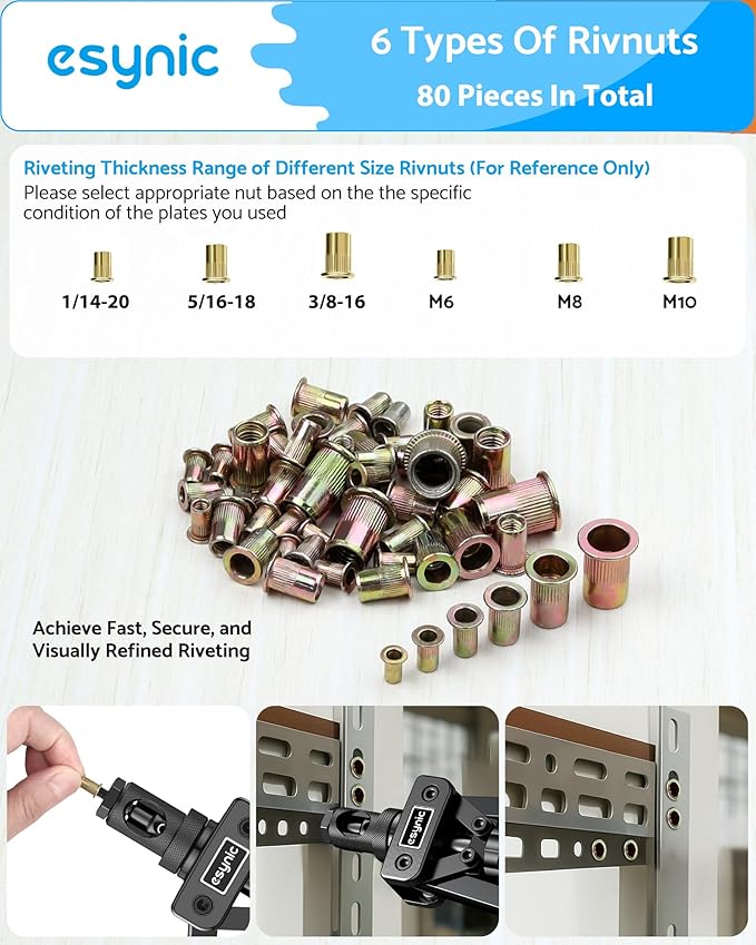 eSynic Professional Rivet Nut Tool Kit - 14" Heavy Duty Rivnut Gun with 6 Mandrels & 80pcs Nuts- Metric & SAE Thread Set for Metal/Wood/Auto Repair, Ergonomic Comfort Grips & Carrying Case Included