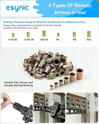 eSynic Professional Rivet Nut Tool Kit - 14" Heavy Duty Rivnut Gun with 6 Mandrels & 80pcs Nuts- Metric & SAE Thread Set for Metal/Wood/Auto Repair, Ergonomic Comfort Grips & Carrying Case Included