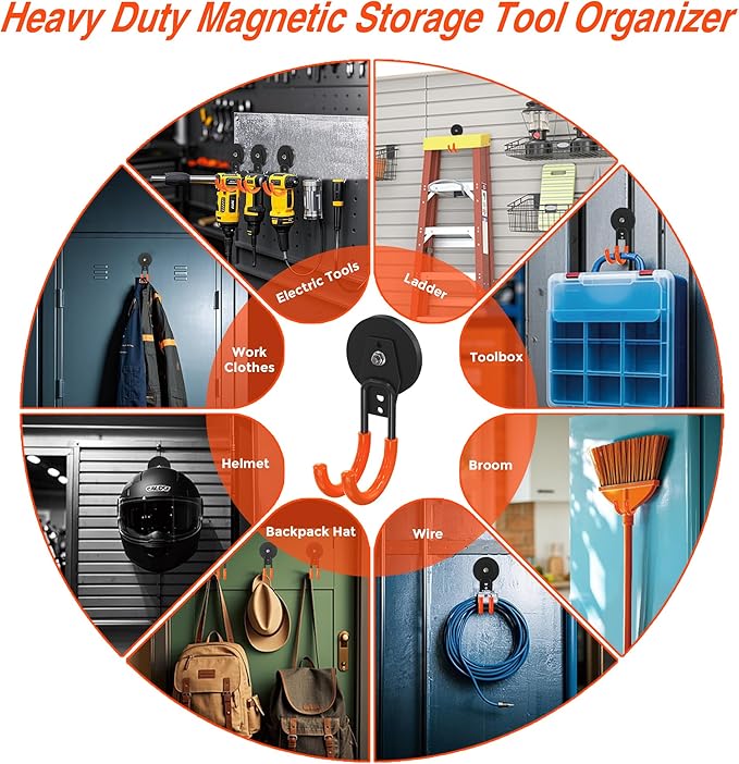 3 PCS Magnetic Garage Storage Hooks, Strong Magnetic Hooks Heavy Duty, Large Magnet Hooks for Hanging Heavy Duty Garage Tools and Garden Tools