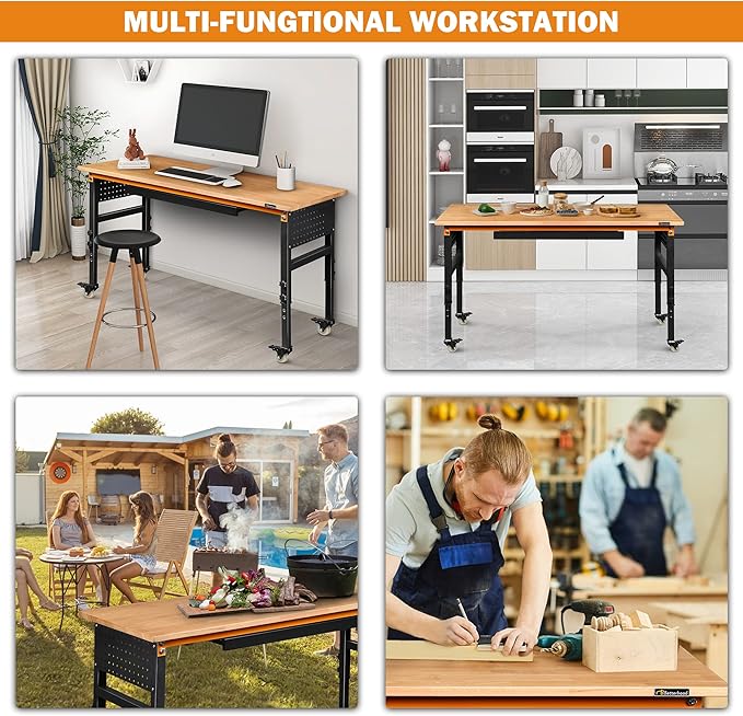 60" Adjustable Workbench for Garage, Rubber Wood Shop Table W/Wheels & Double Pegboards & Drawer, 2000 LBS Load Capacity Hardwood Worktable for Workshop, Garage, Office, Home, Commercial