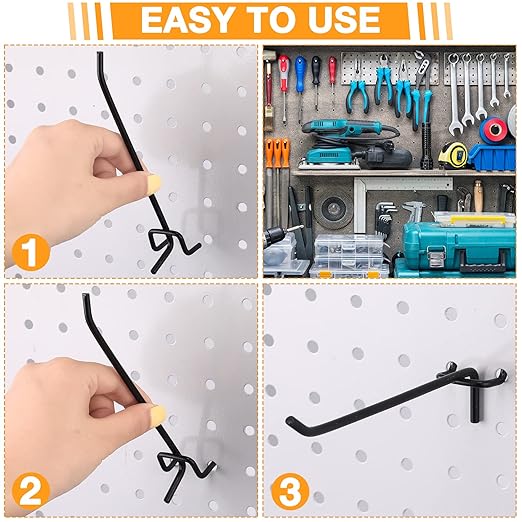 Shimeyao 100 Pcs Peg Board Shelving Hooks Stainless Steel Hanging Board Pegs Wall Display Hooks Bulk for 1/8 1/4 Garage Storage Organizer Accessories(6 Inch,Black)