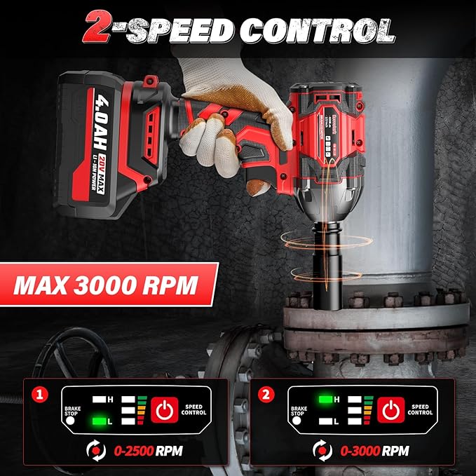 Impact Wrench, Max Torque 400 N.m Cordless 1/2 Impact Driver, 20V 3000RPM Brushless Motor, 4.0Ah Li-ion Battery and Fast Charger, 4 Pcs Sockets Included