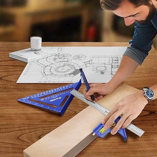 Square Combination Woodworking Tools, 7inch Carpenter Square Wood Working Tools and Accessories, 12inch Square Ruler, Includes 2-in-1 Carpentry Pencil, Protractor Angle Ruler Carpentry Tool